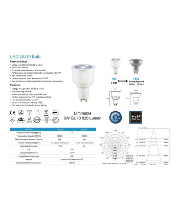 BOMBILLA LED - GU10 - 9W – 4000K  -  820 LM